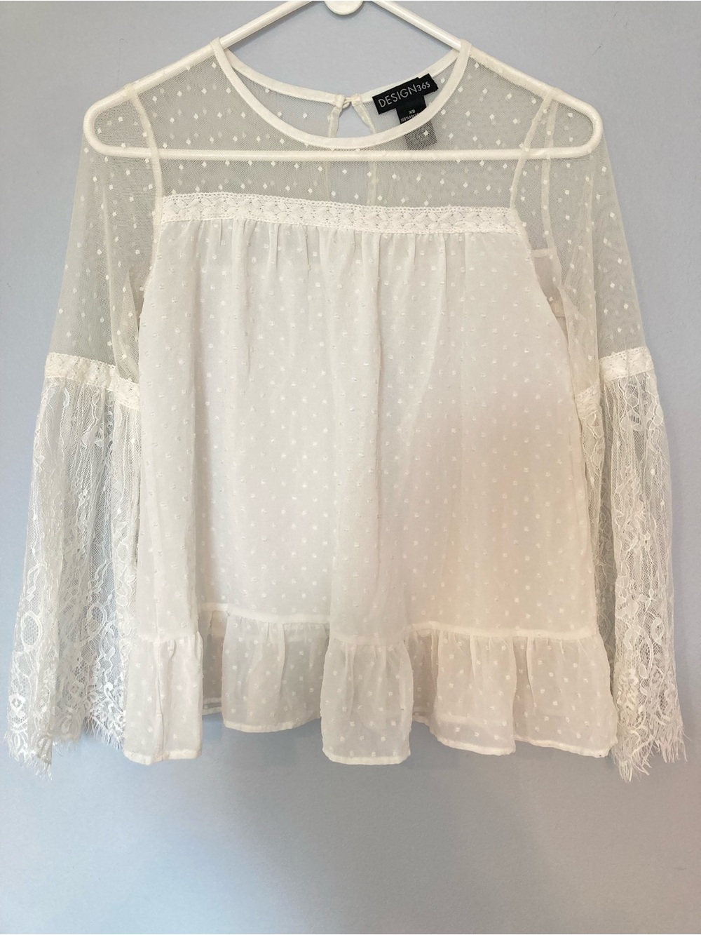 White Swiss Dot Lace Sleeve Peasant Blouse sz XS Design 365